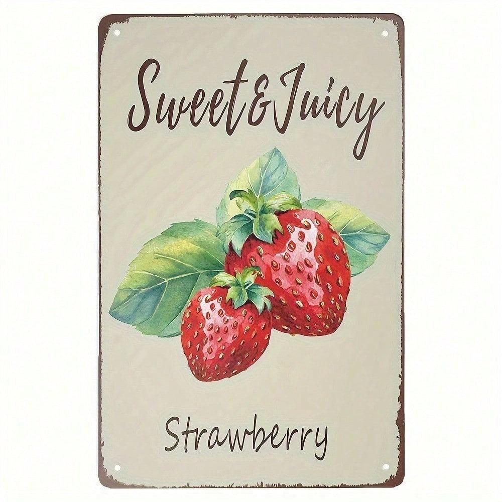 Vintage Strawberry Sweet & Juicy Metal Sign 8x12 Inch, Retro 2D Flat Decorative Plaque with Pre-Drilled Holes, Farmhouse Wall Art