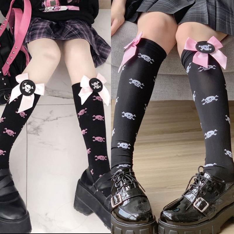Cotton Calf Socks Lolita Bows Skeleton for Head Knee High Socks Thigh High Loose Stockings for Student Girl Ladies Women