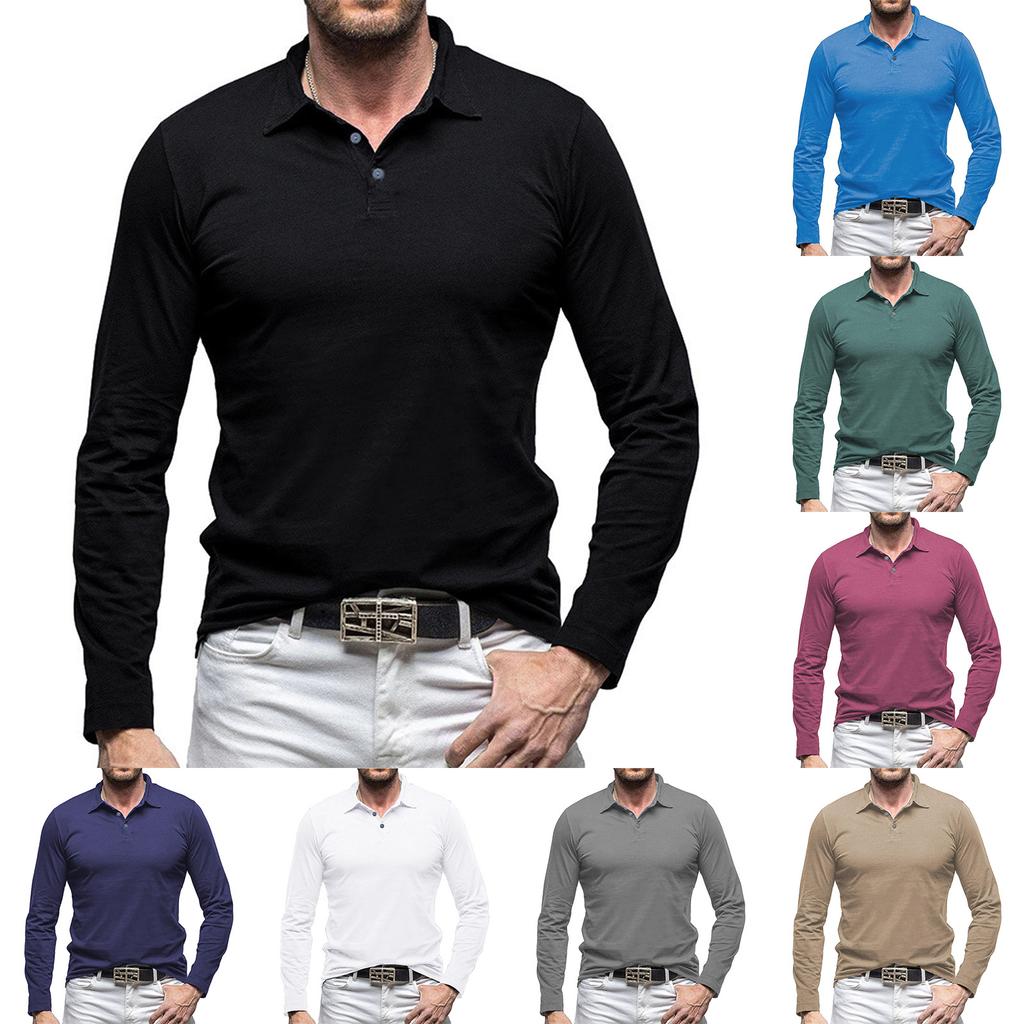 Men's Solid Color Button Lapel Long Sleeve Top Men's Casual Fashion Long Sleeve Top