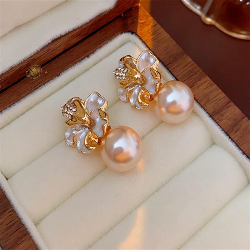 

Модные серьги-гвоздики с бриллиантами и французским цветком и жемчугом для женщин, серьги-гвоздики для девочек, подарок Brincos белый