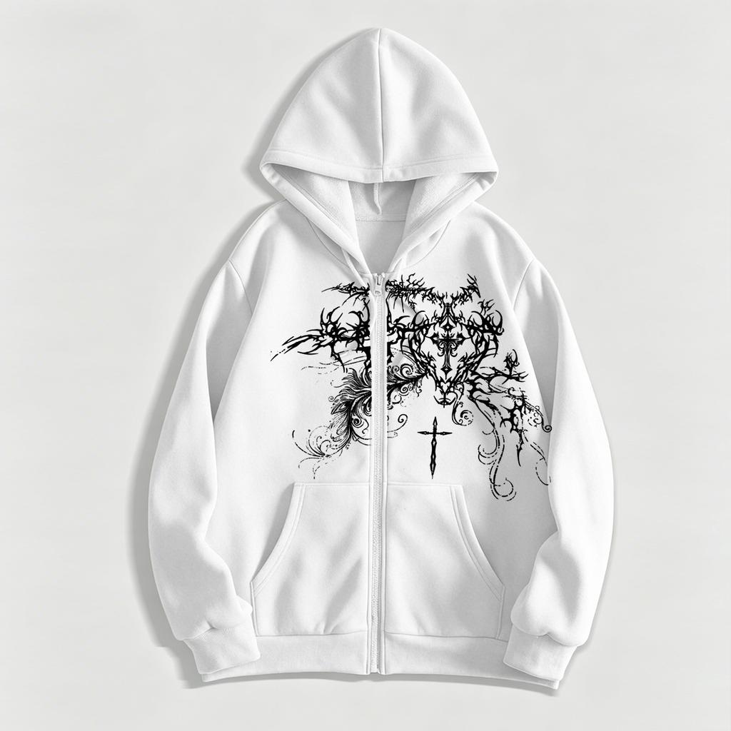 Unisex tištěná, teplá, se zipem, volná mikina-bunda z tlustého fleecu „Dark Street“