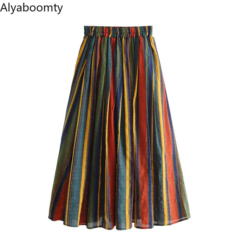 Japanese Mori Girl Women Midi Colorful Skirt High Waist Striped A-Line Skirt Cotton Linen Vintage Elegant Ladies Casual Skirt