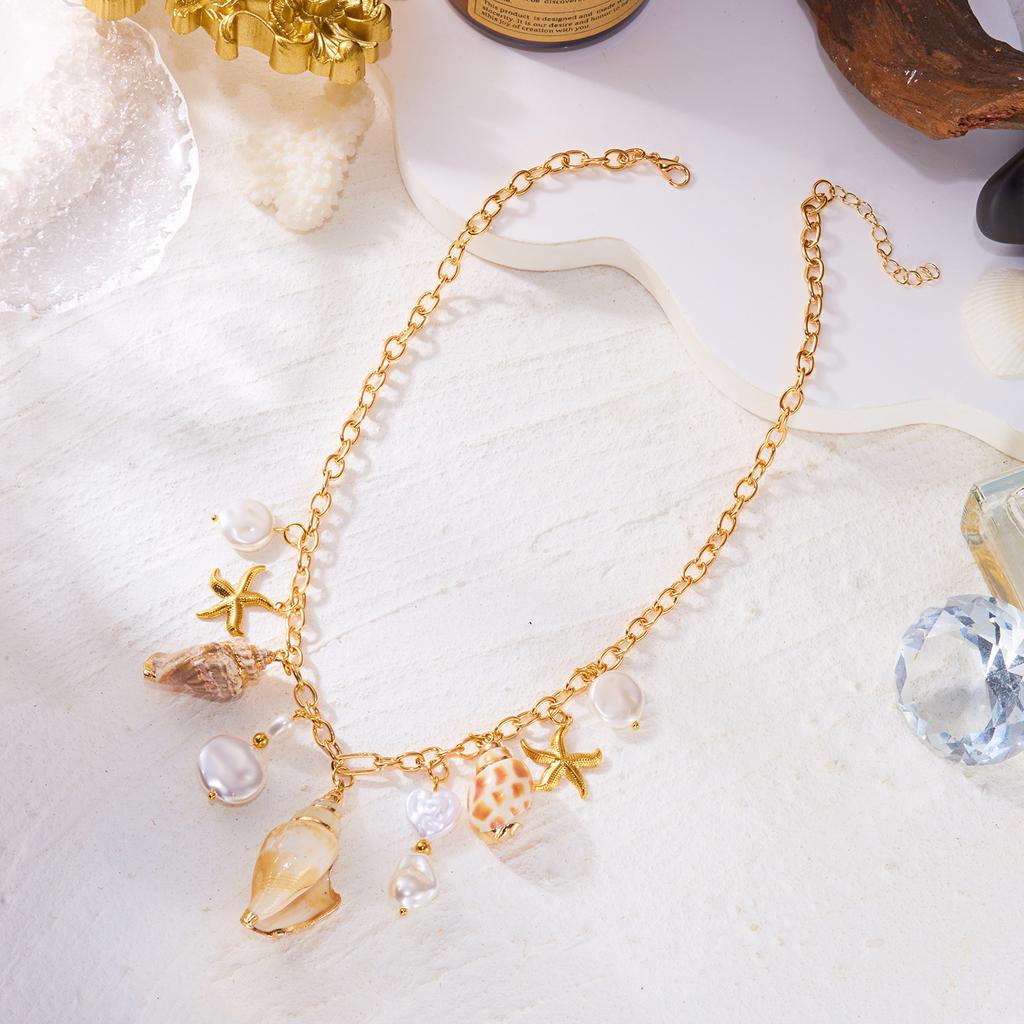Boho Ocean Style Shell Starfish Conch Pendat Necklace For Women Gold Color Pearl Scallop Metal Chain Choker Summer Beach Jewelry