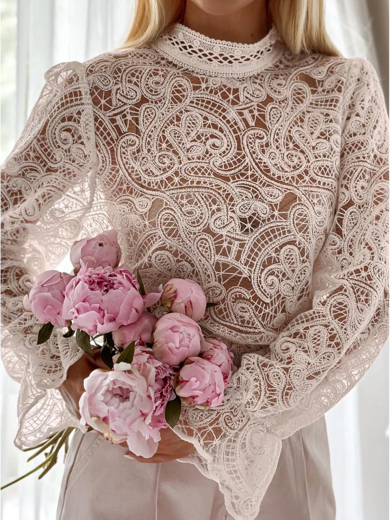 Elegant Lace Stand Collar Long Sleeve Shirt: European & American Style with Korean Niche Design for Autumn & Winter