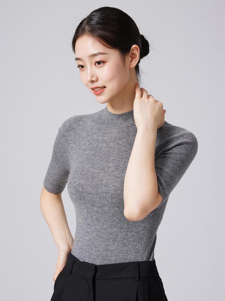 Pure Wool Women's Mid-Sleeve Autumn Sweater: Slimming Half-High Collar Bodycon Knitted T-shirt