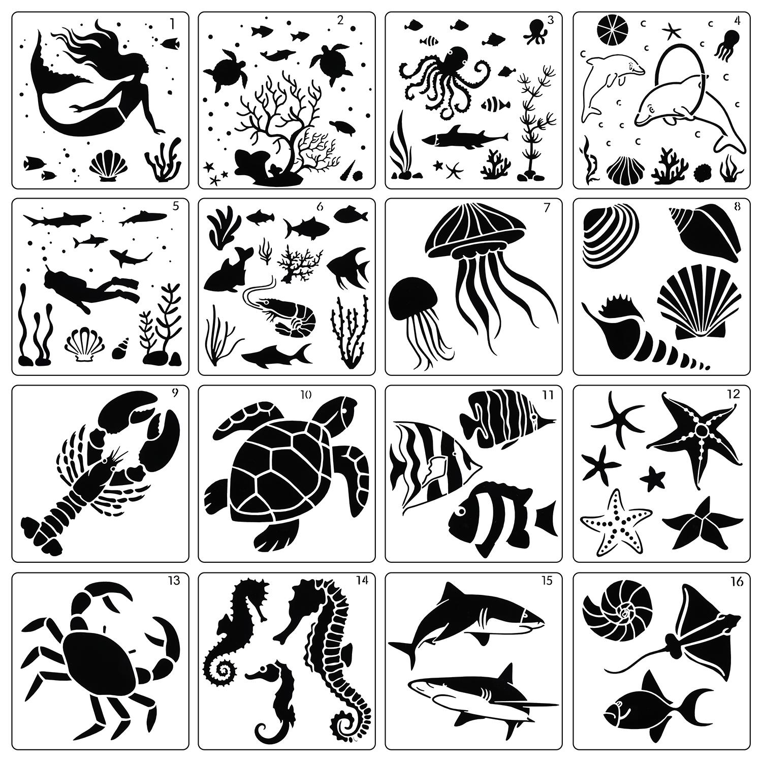 

Морський коник Настінна тканина Скрапбукінг Живопис по дереву Морські істоти Трафарети Шаблони морських тварин 16PCS