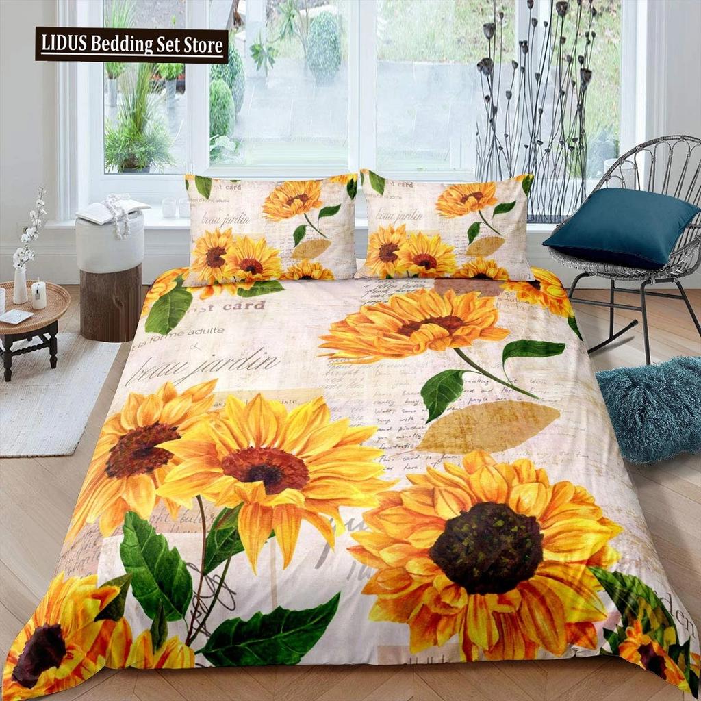 Vintage Sunflowers Duvet Cover Set Letters Bedding Set Letters And Sunflowers Printed Retro Girls Queen Size 23pcs Quilt Cover