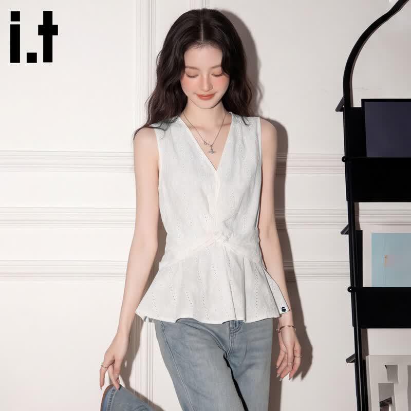 Fingercroxxit French V-Neck Hollow Out Sleeveless Waist-Cinching Top