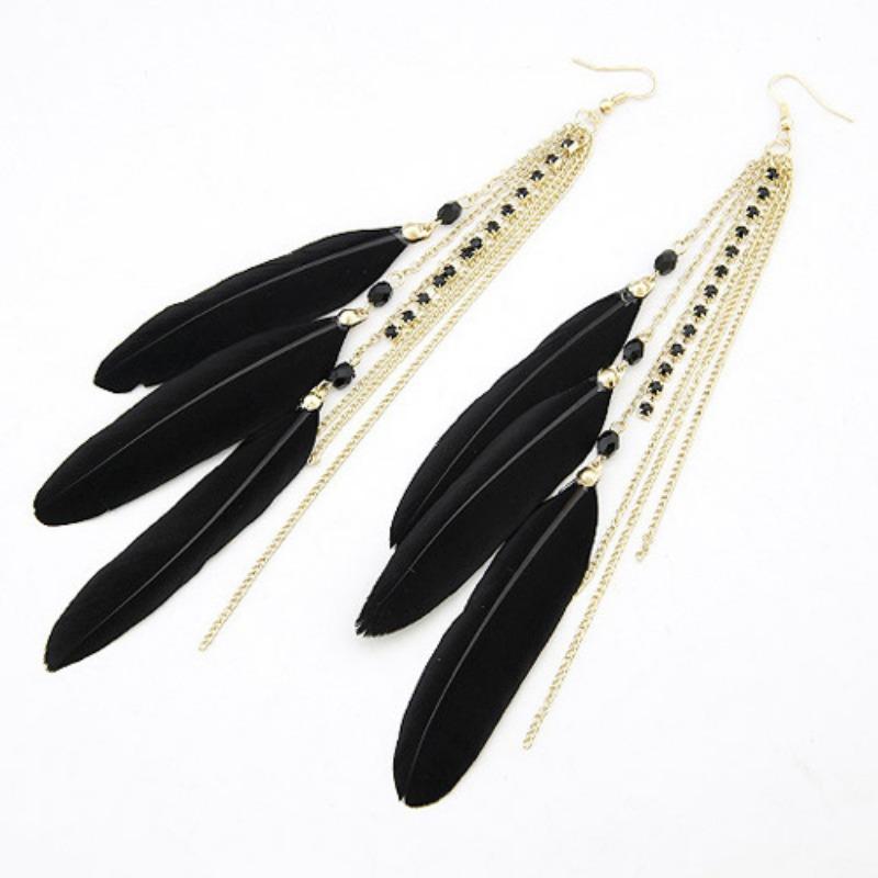 Trend Fashion Flash Diamond Tassel Charm Colorful Feather Earrings, Long Feather Earrings Earrings