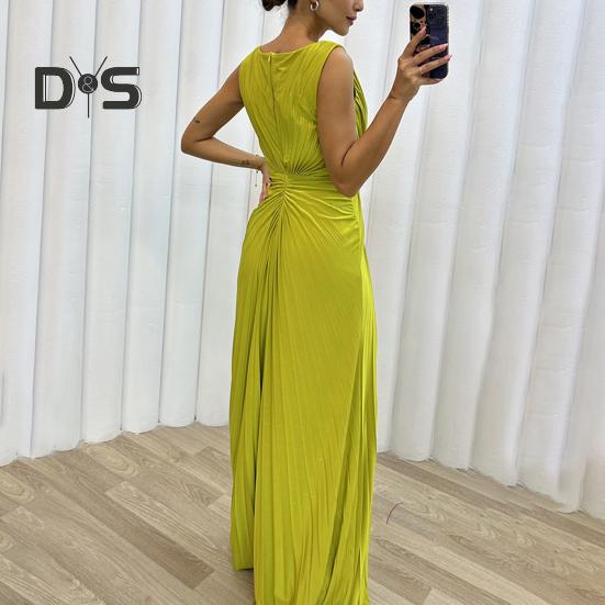 Rochie de seară pentru doamnă Tiv cu fantă plisată Lungime la podea Culoare unită Decor cu strass Fără mâneci Gât rotund Talie înaltă Decor cu strasuri Cocktail de bal