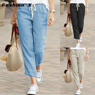 Women's Casual Cotton Hemp Pants Solid Color High Waist Stretch and Ankle Pants Simple Multi-color Spring Summer Autumn Women's Pocket Pants
