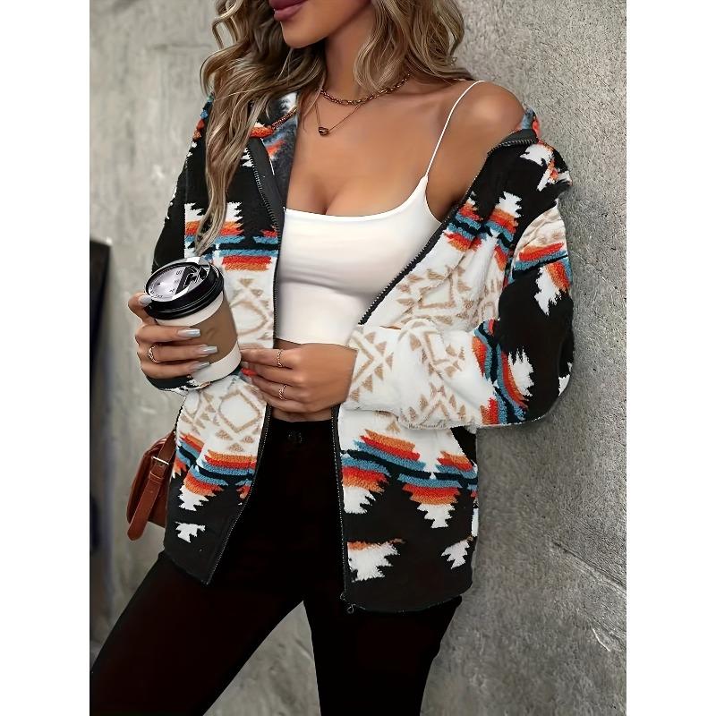 YYFS Moda Femenina Casual Estampado Color Block Otoño Invierno Manga Larga Chaquetas y Abrigos con Capucha