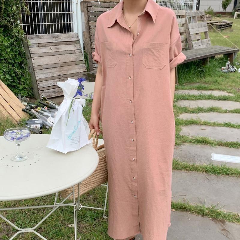 Shirtdress Women's Summer Simple Long Short Sleeve Dress Over The Knee