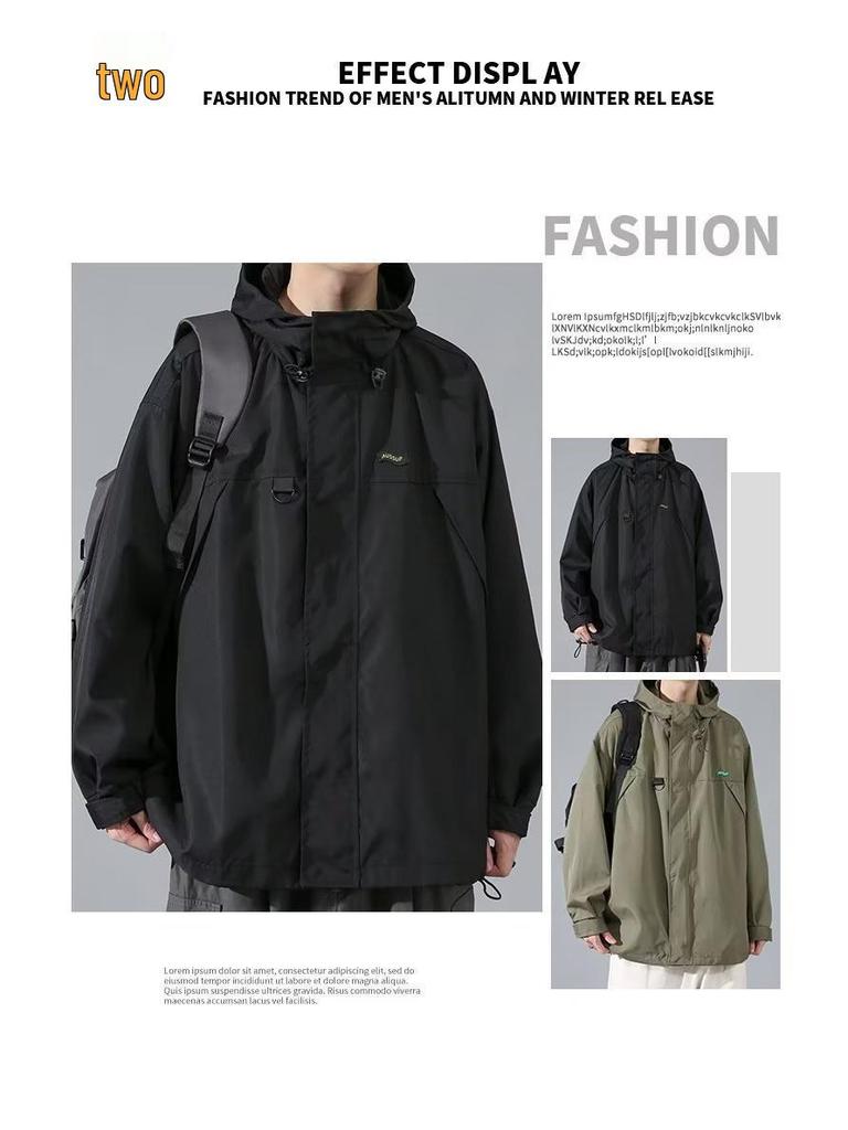 Men's Korean Style Hooded Black Jacket - Spring & Autumn, Trendy Loose Fit Workwear.