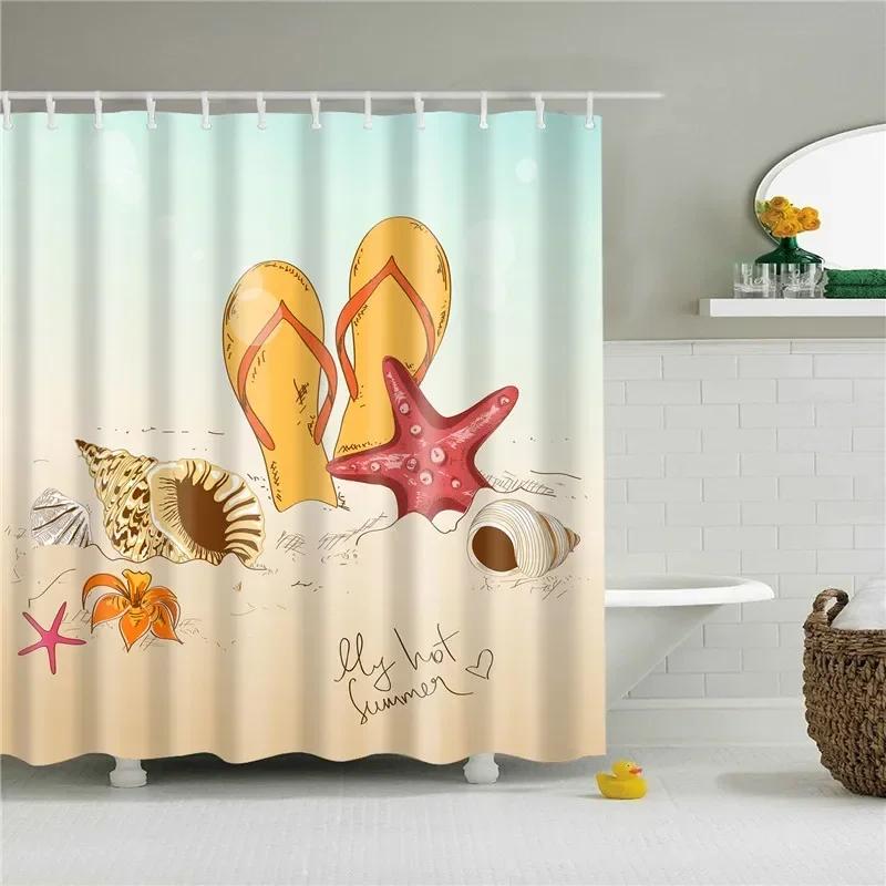 3D Scenic Landscape Seaside Beach Trees Flowers Shell Bath Curtain Shower Curtains for Bathroom Waterproof Polyester Frabic Hook