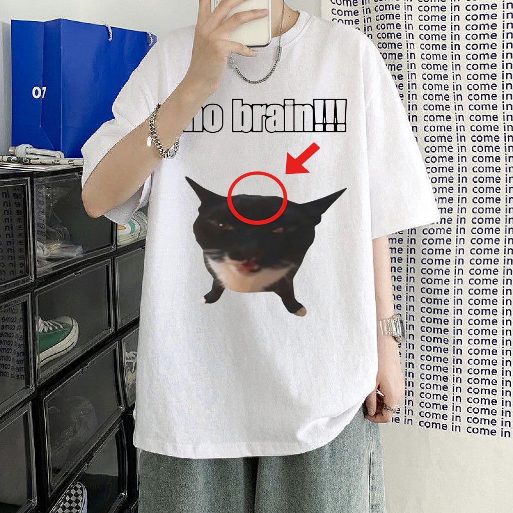 Funny Cat No Brain Meme Graphic TShirts Men Women Humor Joke Vintage Personality Tshirt Loose Cotton Casual T Shirt Streetwear