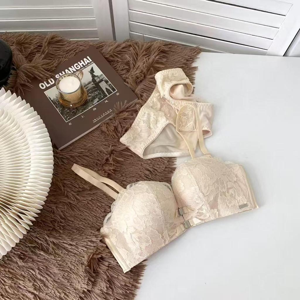 Women's Push-Up Lace Bra - Double Front Closure, Wireless, Adjustable, Side Support, Beautiful Back Design