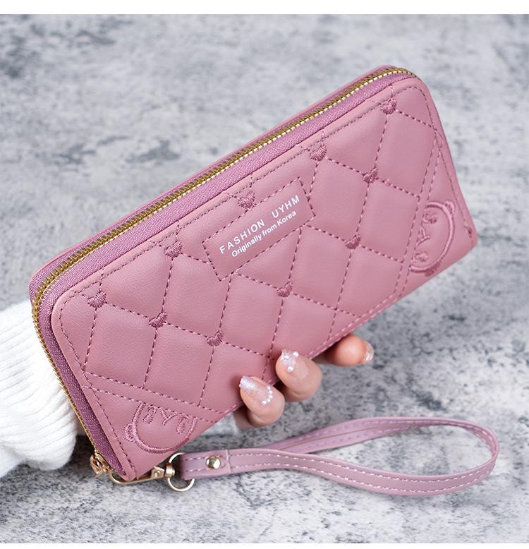 Damen Langreißverschluss-Geldbörse: Bestickte Clutch in Unifarbe, Geräumiges Münzfach, Multifunktionale Handytasche