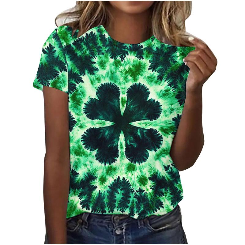 St. Patrick's Day Women T Shirt 3D Lucky Four-leaf Clover Graphic Print T-Shirts Unisex Crew Neck Short Sleeve Casual Kids Tops