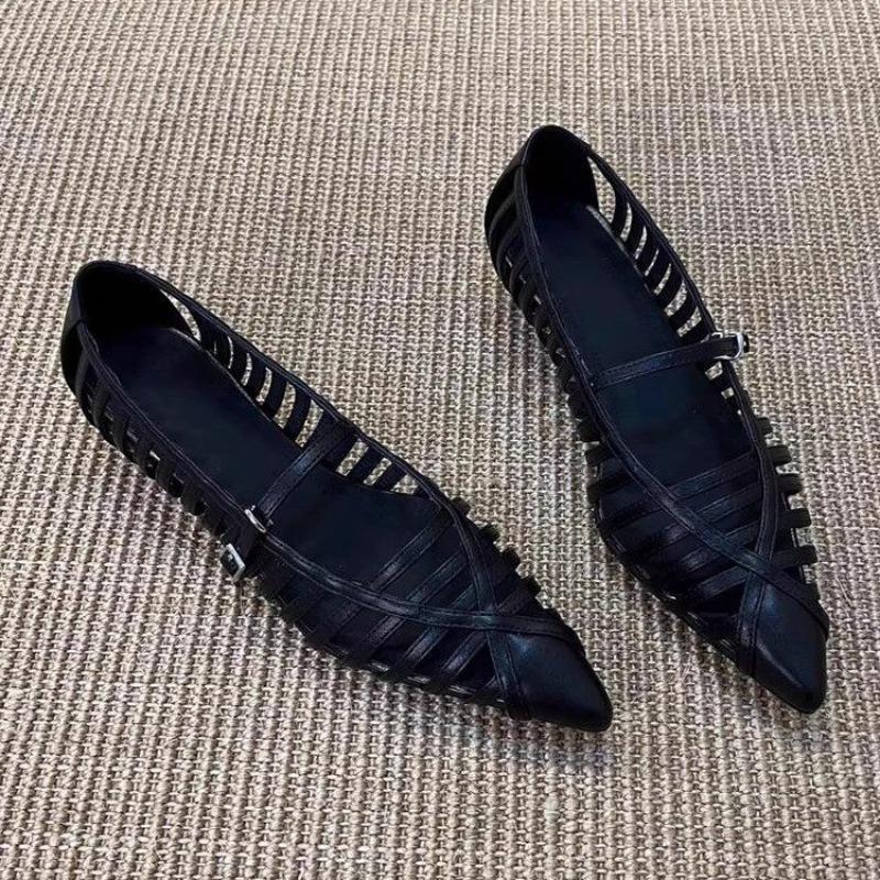Women Sandals Pointed Toe Elegant Woman Hollow Out Narrow Band Sandals Summer Leather Low Heels Shoes Big Size Zapatos De Mujer