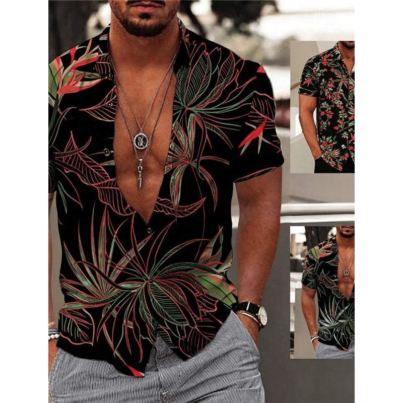 Men's Gradient Tropical Palm Leaf Print Short Sleeve Shirt, Casual Hawaiian Button Up Shirt for Spring Summer