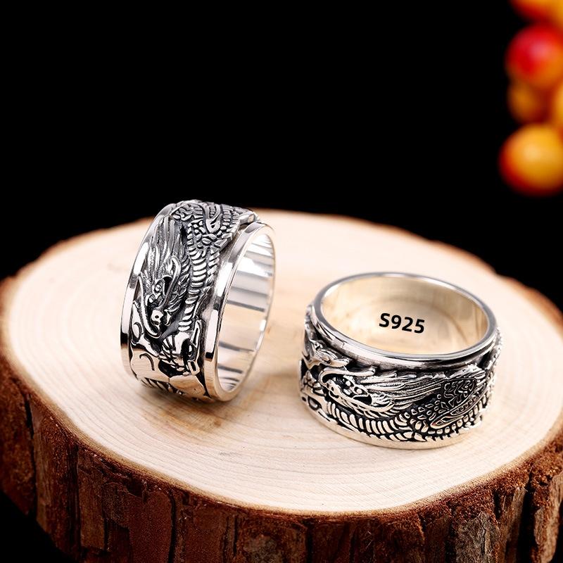 12mm Width Real S925 Silver Lucky Dragon Double Layer Rotatable Closed Dragon Ring For Man Woman Fiine Jewelry Gift