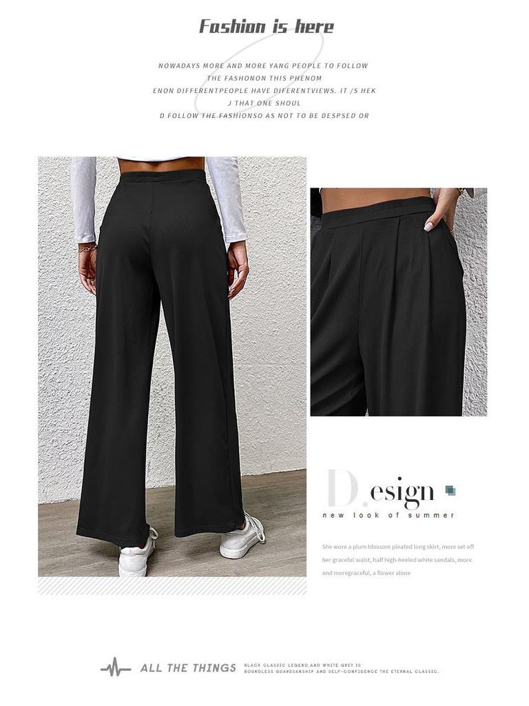 2024 Women's Autumn Solid Color Wide Leg Ribbed Casual Pants with Elastic Waist