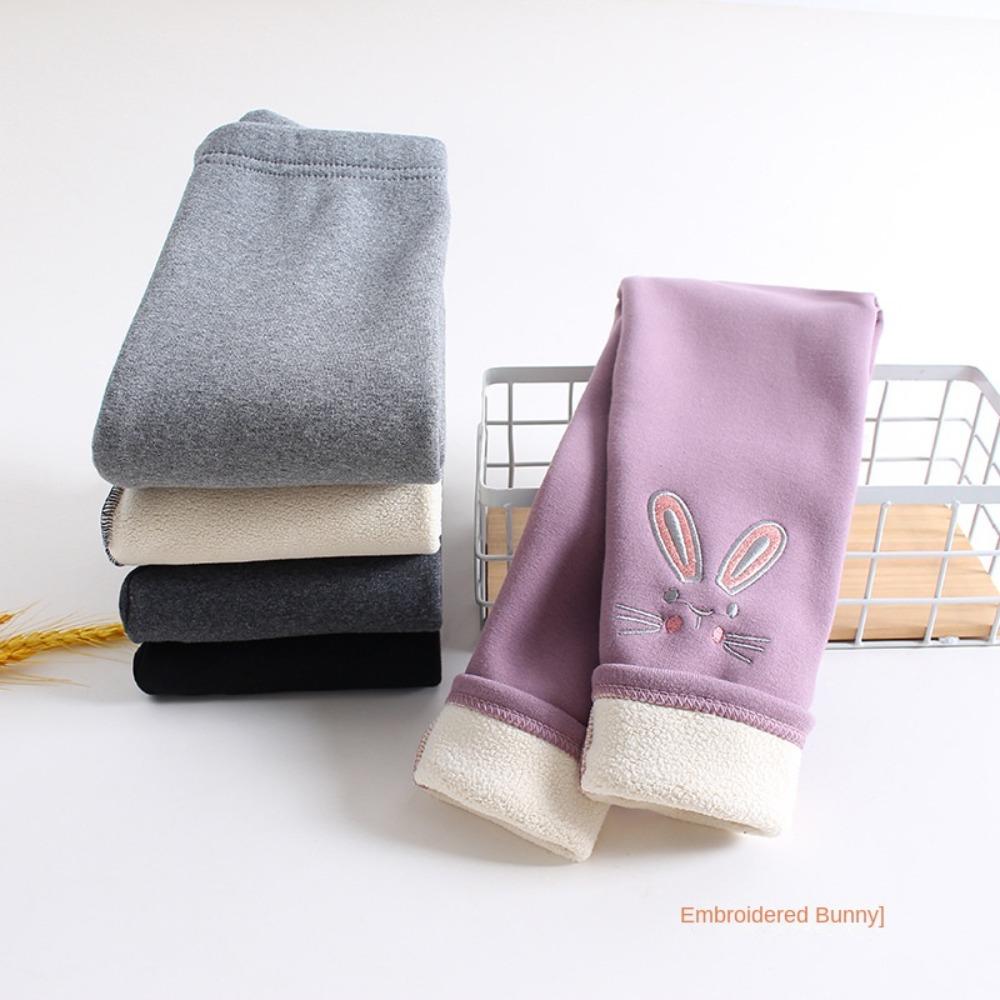 Winter Girls' Fleece-Lined Thickened Leggings Pure Cotton Children's Fall/Winter Pants Cartoon Rabbit Embroidered Baby Long Pants