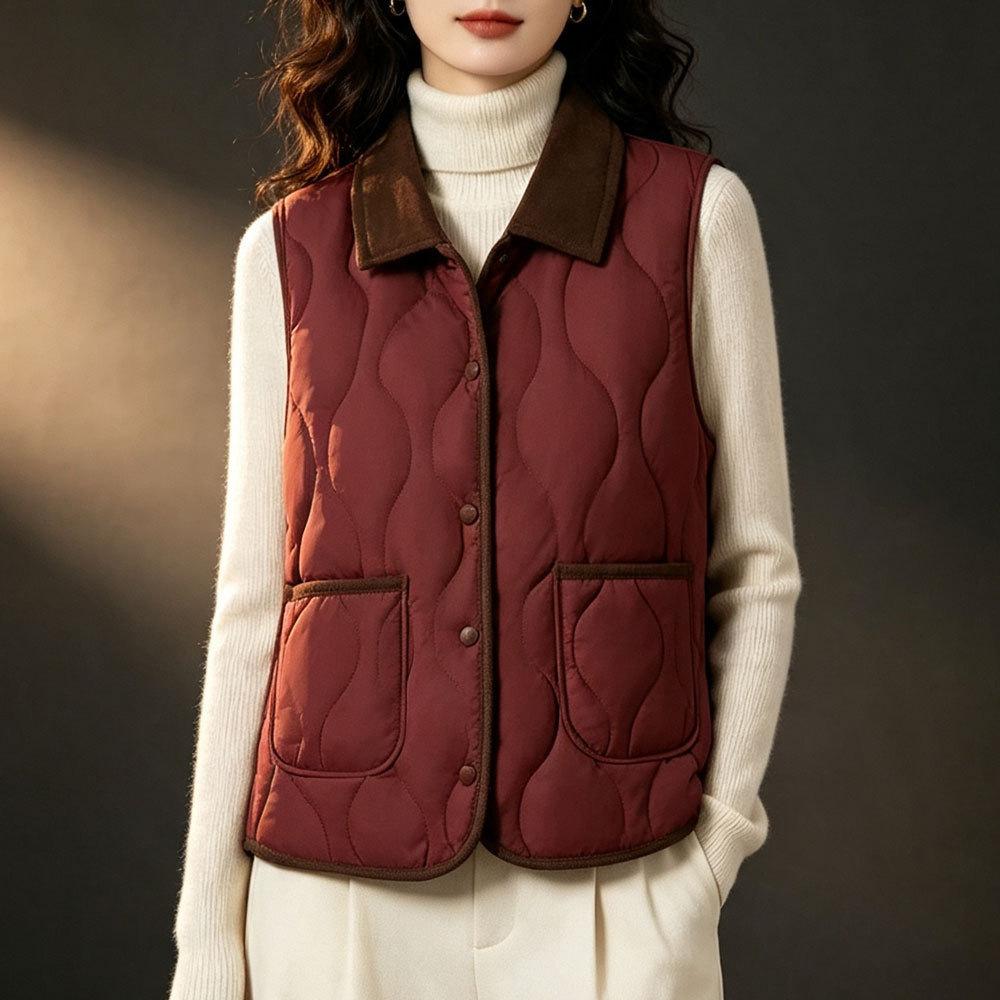 Women Lapel Collar Padded Vest Wavy Stitching Button Front Two Pockets Sleeveless Autumn Winter Vest