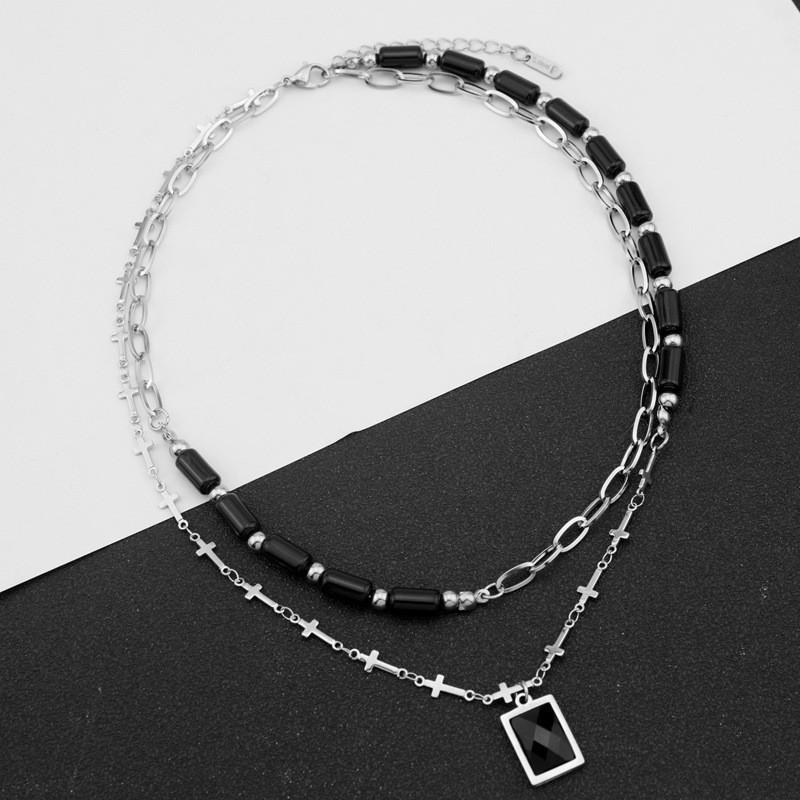 Double Layer Cross Pendant Necklace Women Titanium Steel O-Chain Geometric Minimalist Choker Statement Jewelry