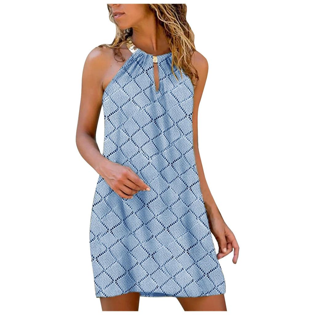 Women's Casual Fashion Metal Hanging Neck Leopard Print Sleeveless Dress