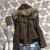 Womens Hooded Puffer Jacket Slim Fit Detachable Faux Fur Collar Short Warm Coat
