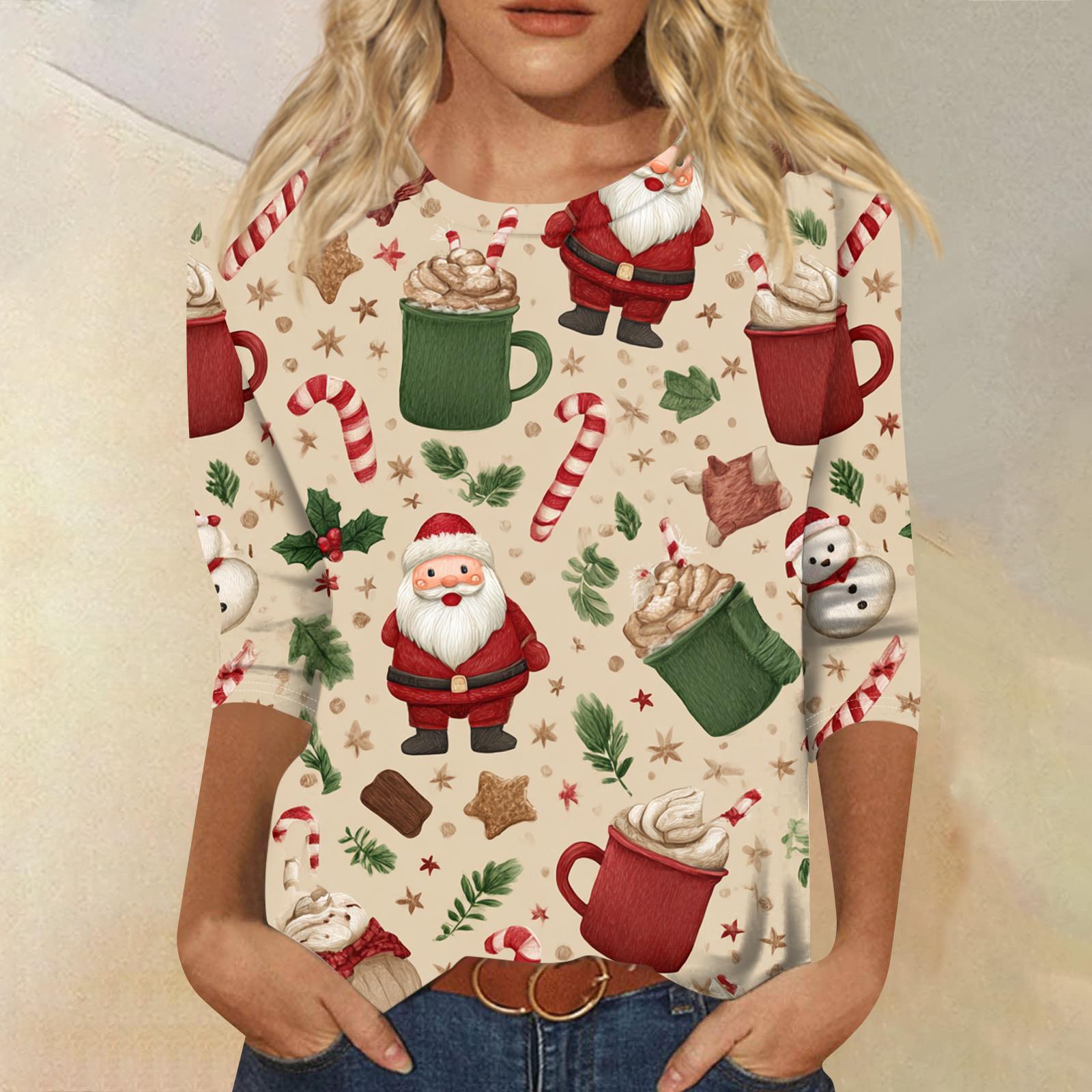 

Женская модная повседневная футболка с круглым вырезом и рукавом три четверти с рождественским принтом XL