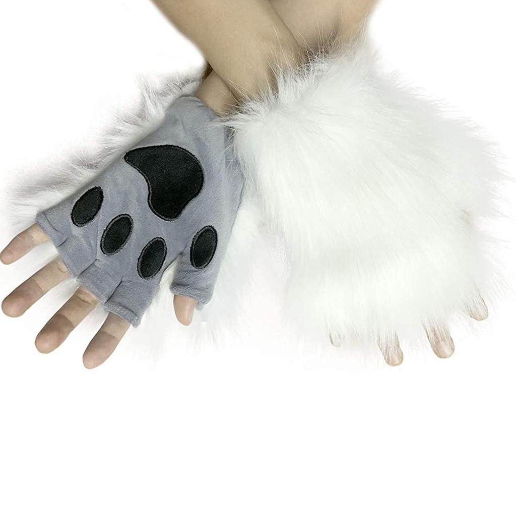 Guantes Pata de Lobo Piel Sintética Gato Manoplas sin Dedos Invierno Cálido Cosplay Halloween Disfraz de Fiesta de Lujo Accesorios