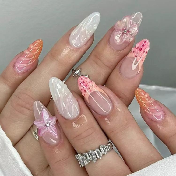 

Накладные ногти во французском стиле с 3D-цветочной резьбой, ABS, легко снимаются, для повседневной моды, профессиональные 1