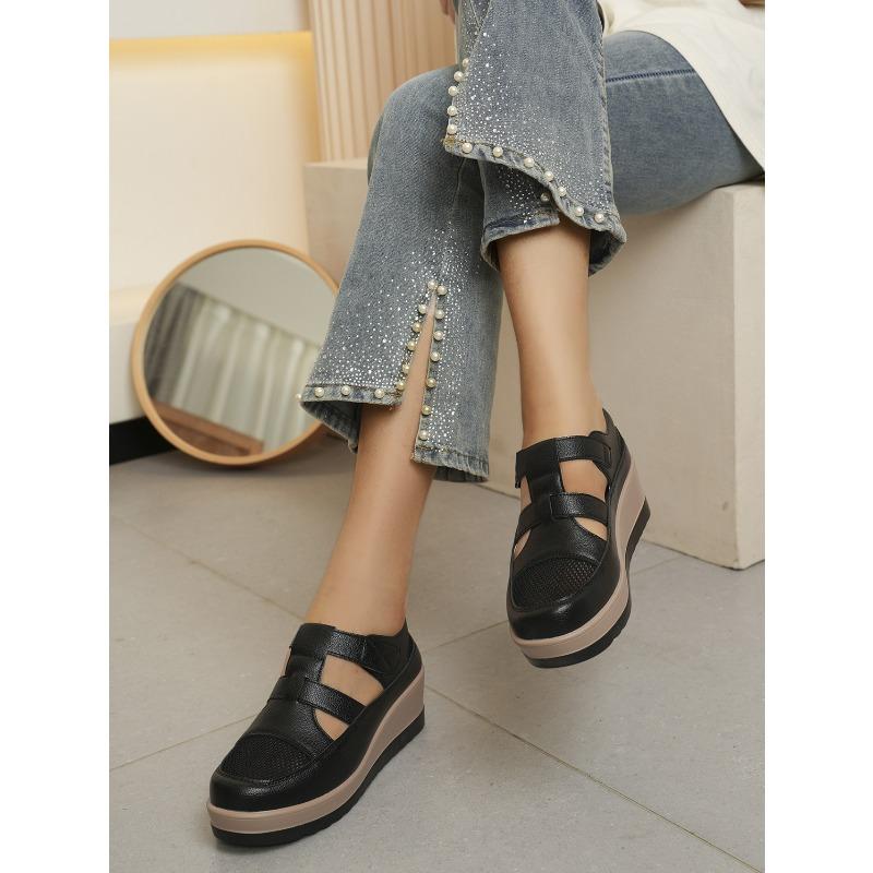 Women's Spring Breathable Hollow Wedge Platform Mesh Slip-On Shoes, Professional Casual Footwear.