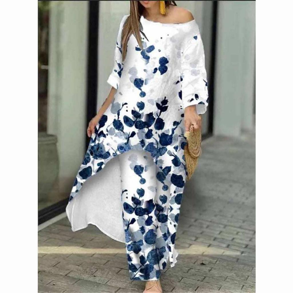 Women Two Piece Sets Pant Set Irregularity Round Neck Full Sleeve Tops Print Floral Splice Casual Loose Wide Leg Long Pants