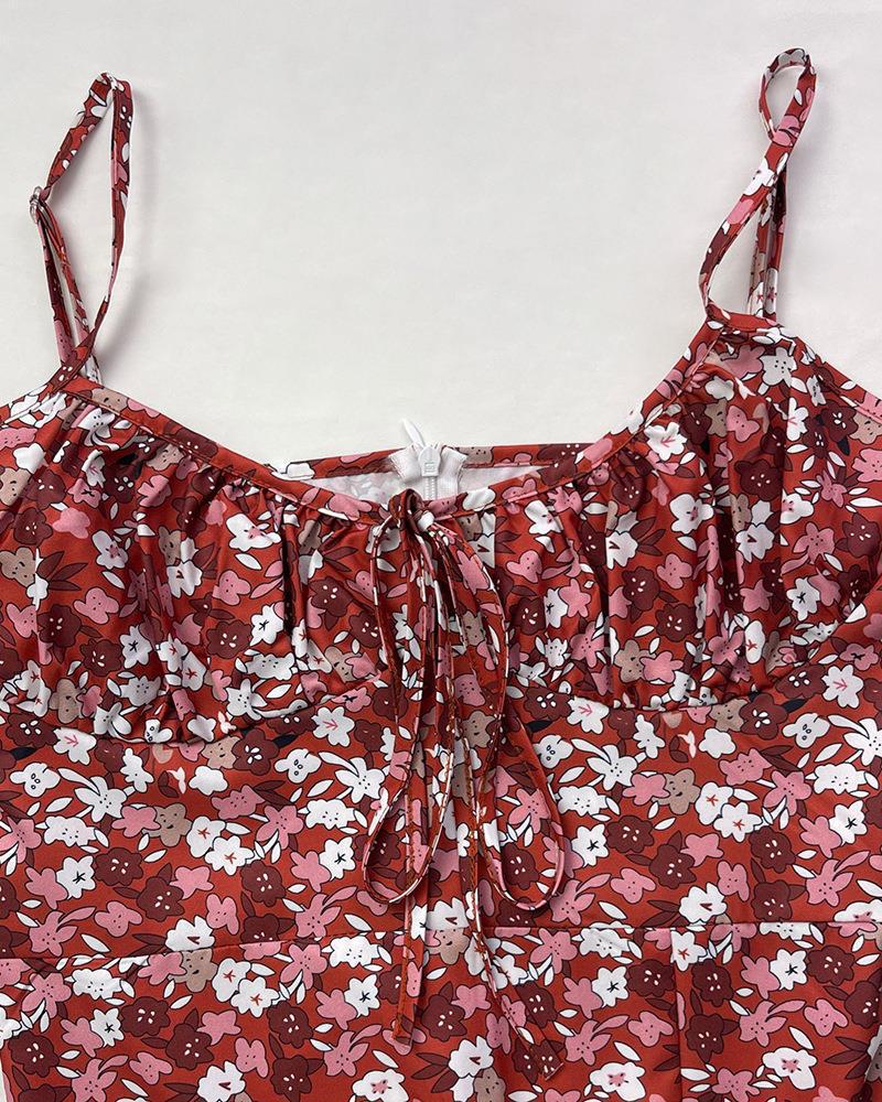 European & American Summer Floral Print Ruched Tie-Up Slit Camisole Dress