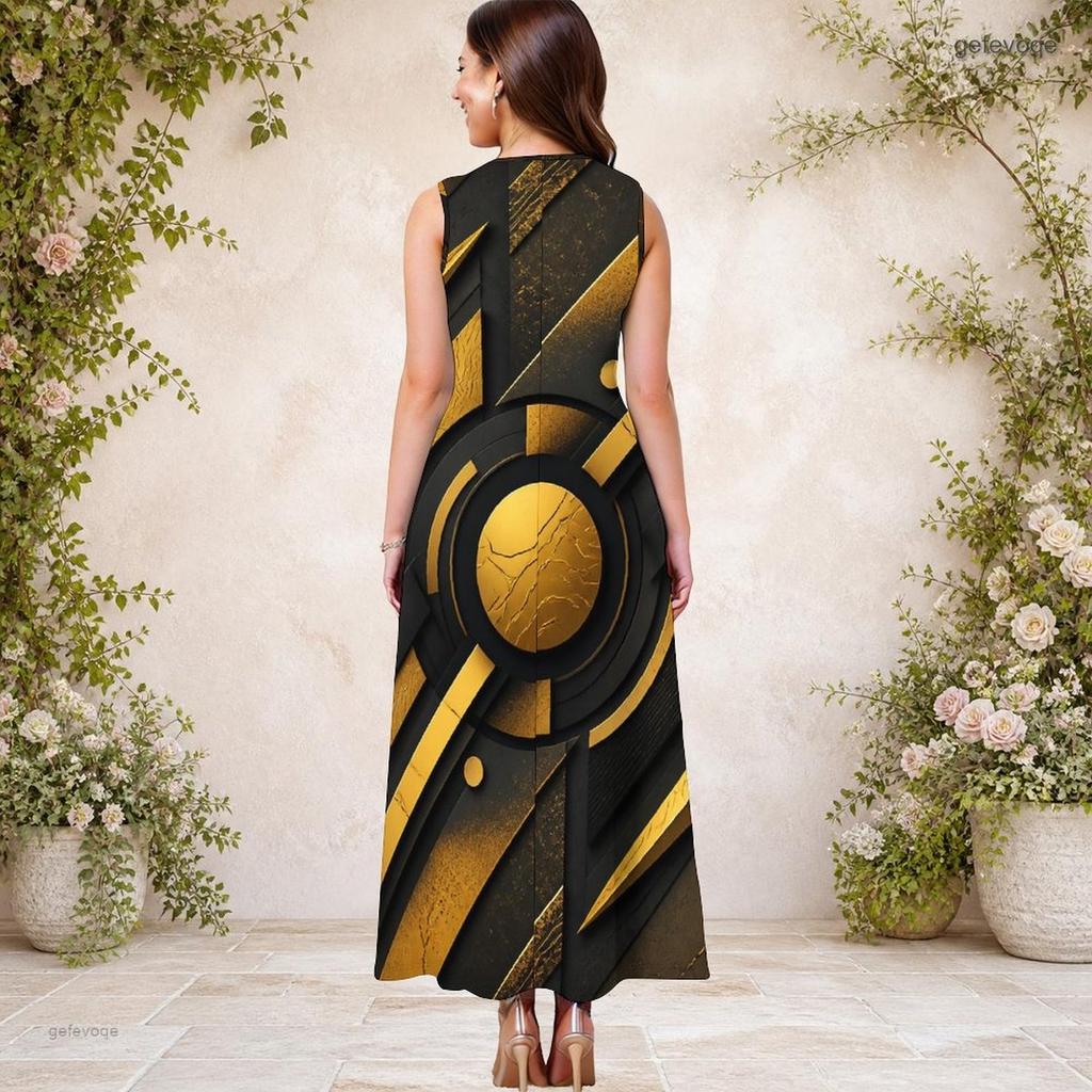 Women Plus Size Keyhole Neck Sleeveless Printed A Line Long Dress Dark Green And Gold