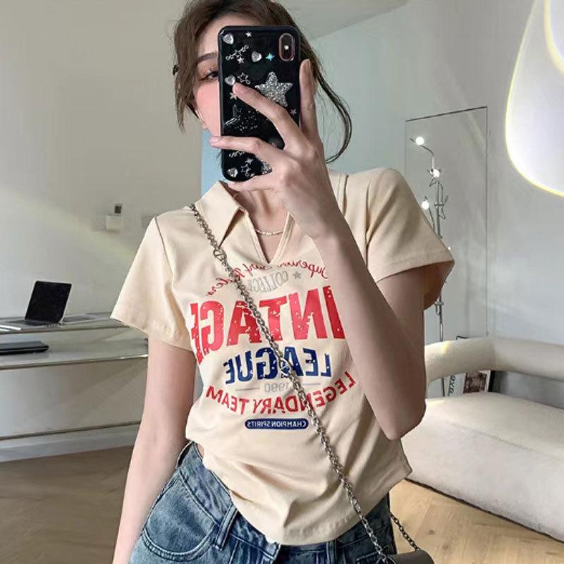 2025 Women's V-neck Short Sleeve Slim Fit Polo Shirt - Summer Waist-cinching Hot Girl Top