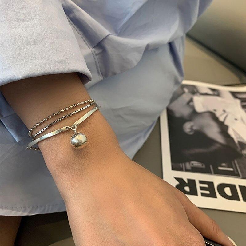 Bracciale Multistrato in Argento Sterling 925 Argento Thai Per Donne Uomini Gioielli Bracciale con Sfere a Cerchio Geometrico