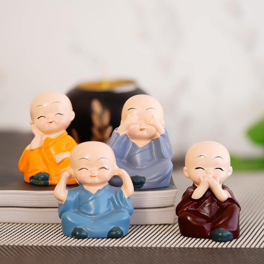 Set of 4 Little Monk Buddha Statue Think No Evil Speak No Evil Hear No Evil See No Evil Showpiece for Home Decor Living Room Office