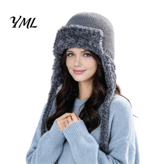 Thermal Wool Blend Hats Women Trapper Hat, Knitted Hat with Ear Flaps, Fuzzy Travel Essential Headgear Trim, Warm Winter Knit for Cold Weather Hiking