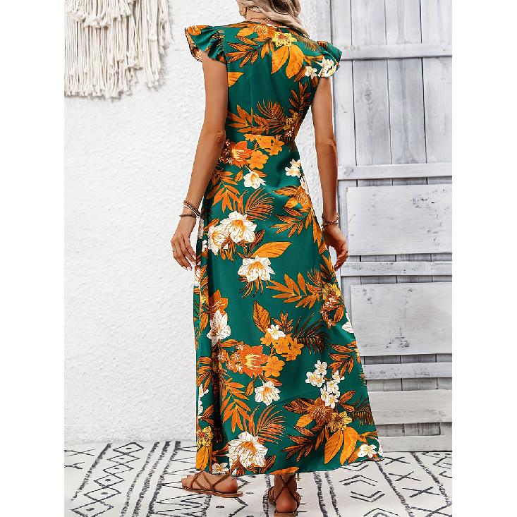 Women's Fashion 2025 Summer Vacation Style European and American Floral Split Mid-Length Dress