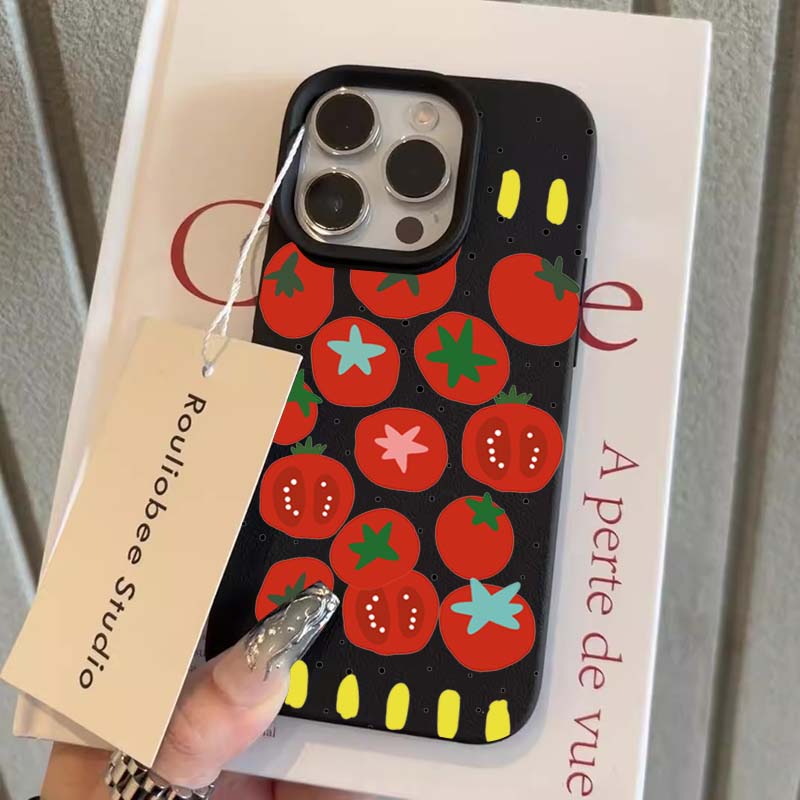 Case For iPhone 11 12 13 14 15 16 Pro Max New Ins Creative Tomato Print Lichee Pattern Cover For iPhone XS Max X XR 16 Plus 16e