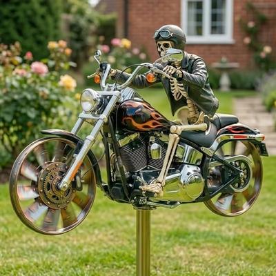 Skull Motorcycle Windmill: A Unique Resin Outdoor Sculpture Decoration with Spinning Wheels, Suitable for Placement In a Patio Garden.