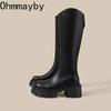 Retro Punk Women Knee High Top Fashion Platform Thick Heel Ladies Concise Knight Long Botas De Mujer