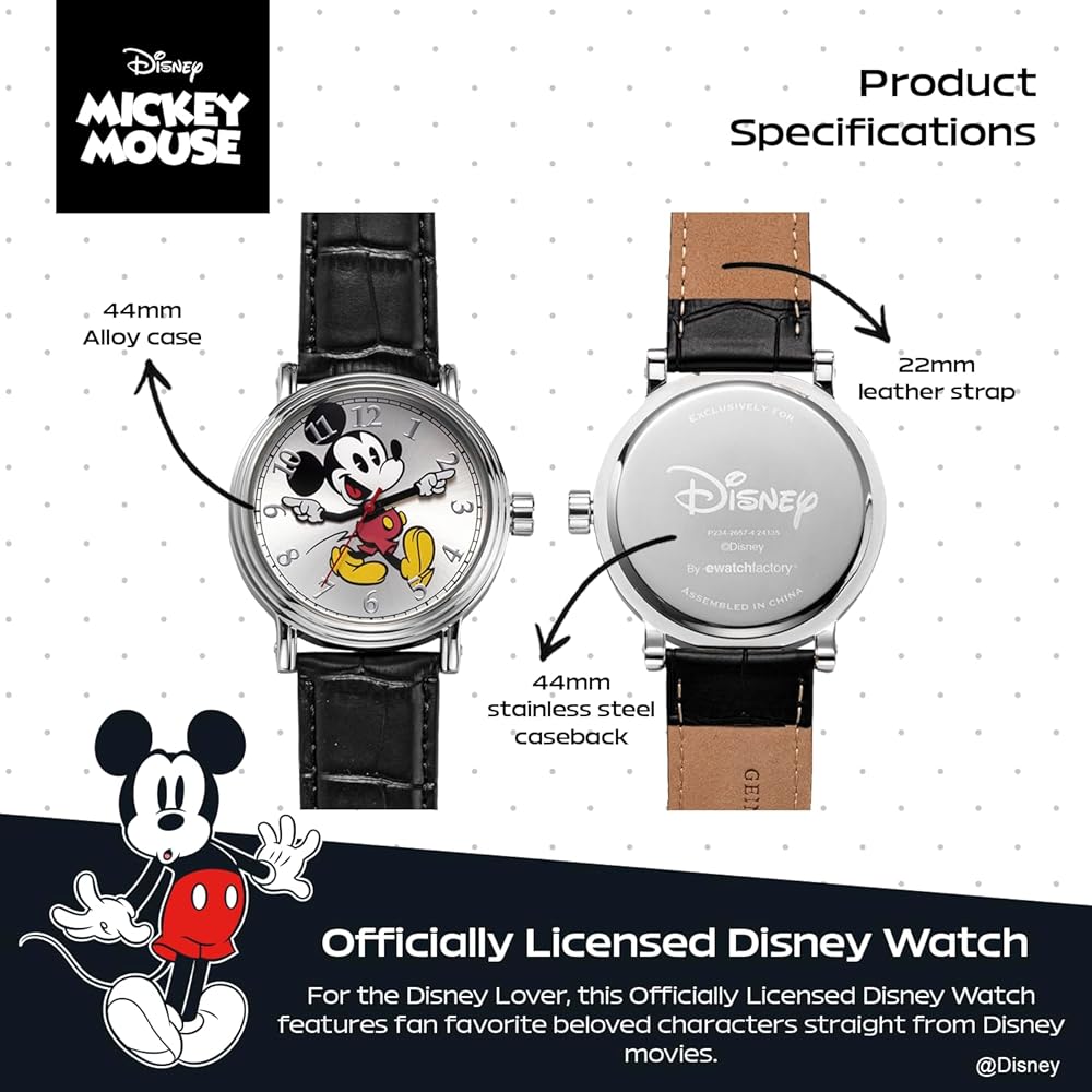 Disney Mickey Mouse Silver Tone Watch with Black Band Men's Fashion Accessory