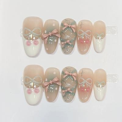 10Pcs Handmade Press On Nails Golden Cat Eye Glitter Oval Full Cover Tips With 3D Bow Sweet Princess French Manicure