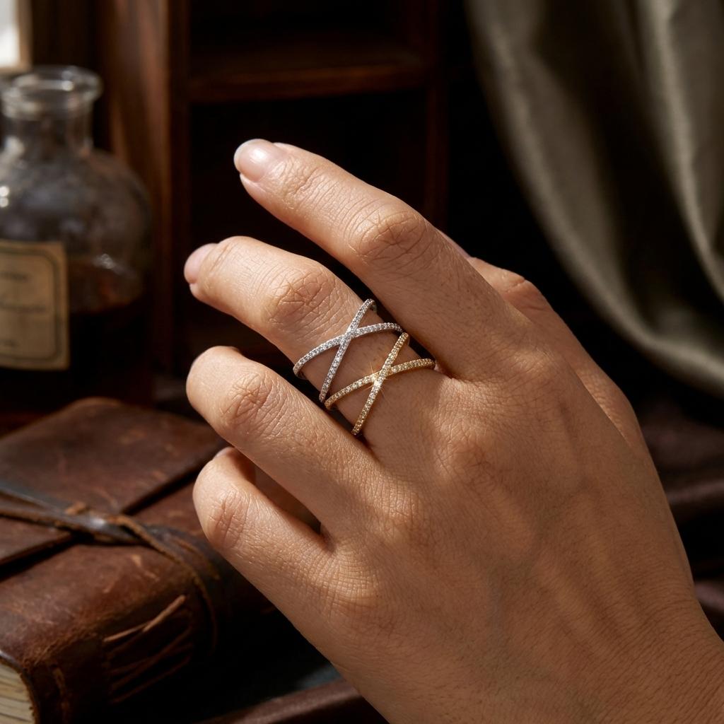 Modern Criss Cross Ring for Women Delicate Brass Zircon X Shape Wide Paved Band Geometric Statement Breathable Jewelry